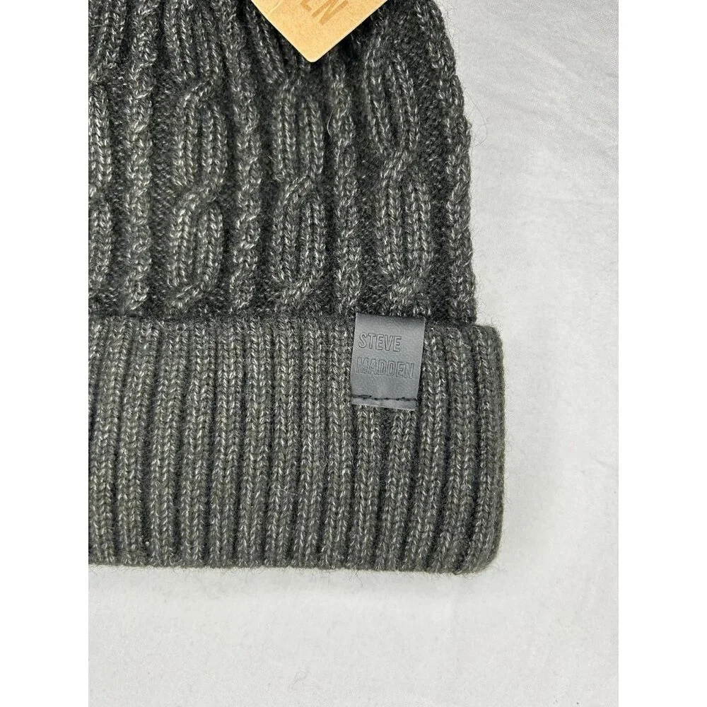 Steve Madden Hat Beanie Cuffed Cable Knit Ribbed OS Heather Black Winter Outdoor
